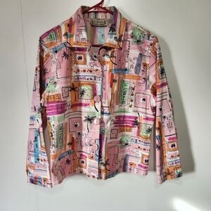 New Direction Vintage Artsy Travel Print Cotton Jacket Beaded Sequin Pink L